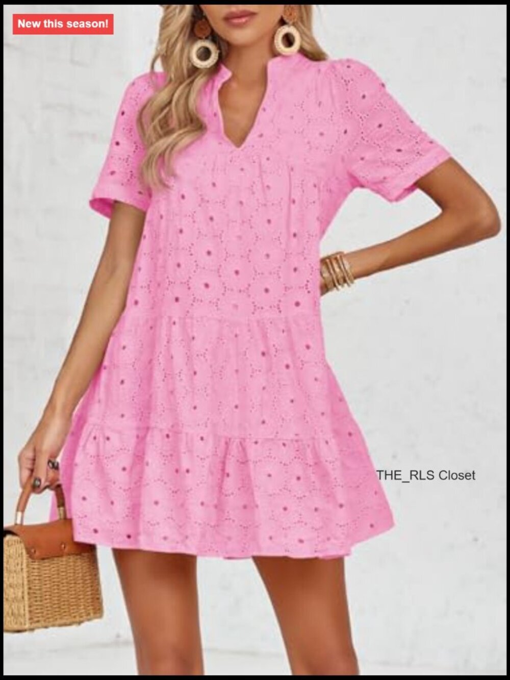 Women's Eyelet Lace Babydoll Swing Dress V-Neck Short Sleeve - Picture 5 of 7